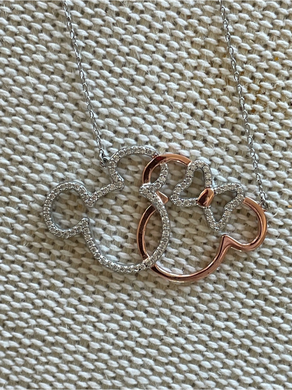 Disney Interlocking Mickey Minnie Sterling Rose Gold-Toned Crystal Necklace